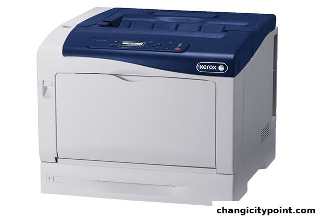 A white and blue Xerox printer is shown from the front, with the Xerox logo visible.