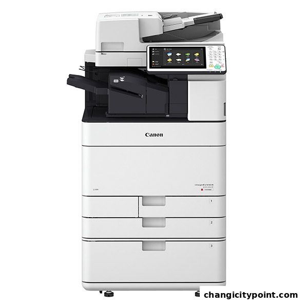 A white Canon imageRUNNER ADVANCE multifunction printer with a touchscreen display.