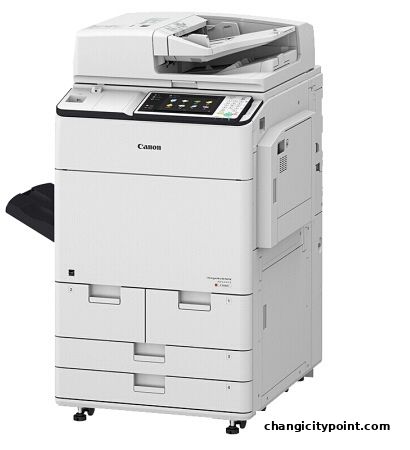 A white Canon multi-function printer with a touchscreen display and paper feeder.