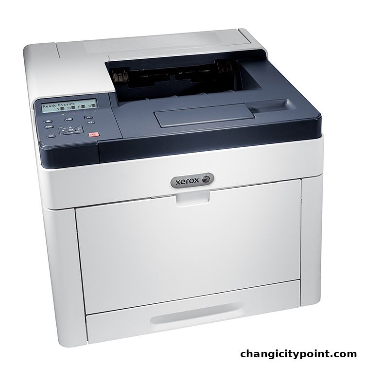 A white and black Xerox printer with a control panel and paper tray.