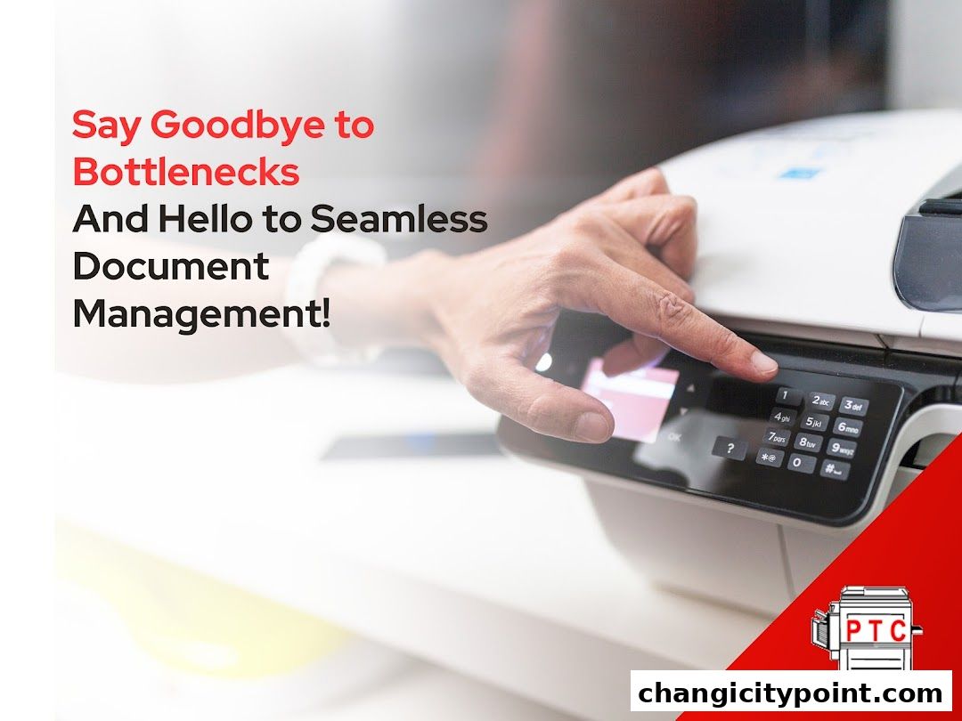 A hand presses buttons on a printer/copier, with text about document management.