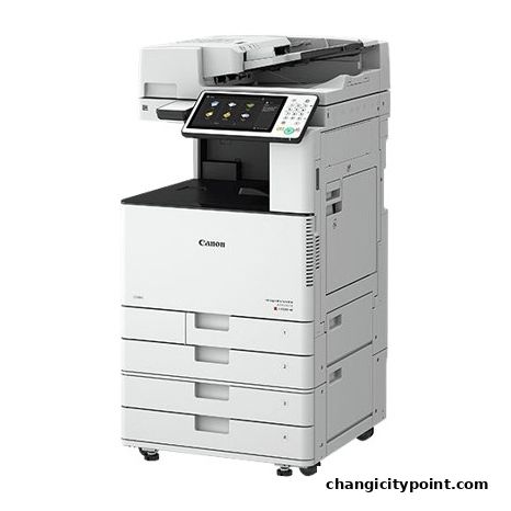 A white Canon multi-function printer with a touchscreen display and multiple paper trays.