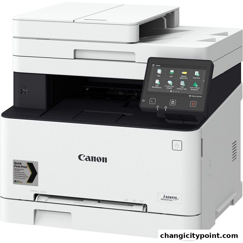 A white Canon i-SENSYS MF643Cdw printer with a color touchscreen display.