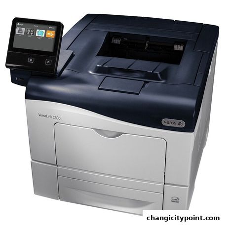 A modern Xerox VersaLink C400 printer with a touchscreen interface.