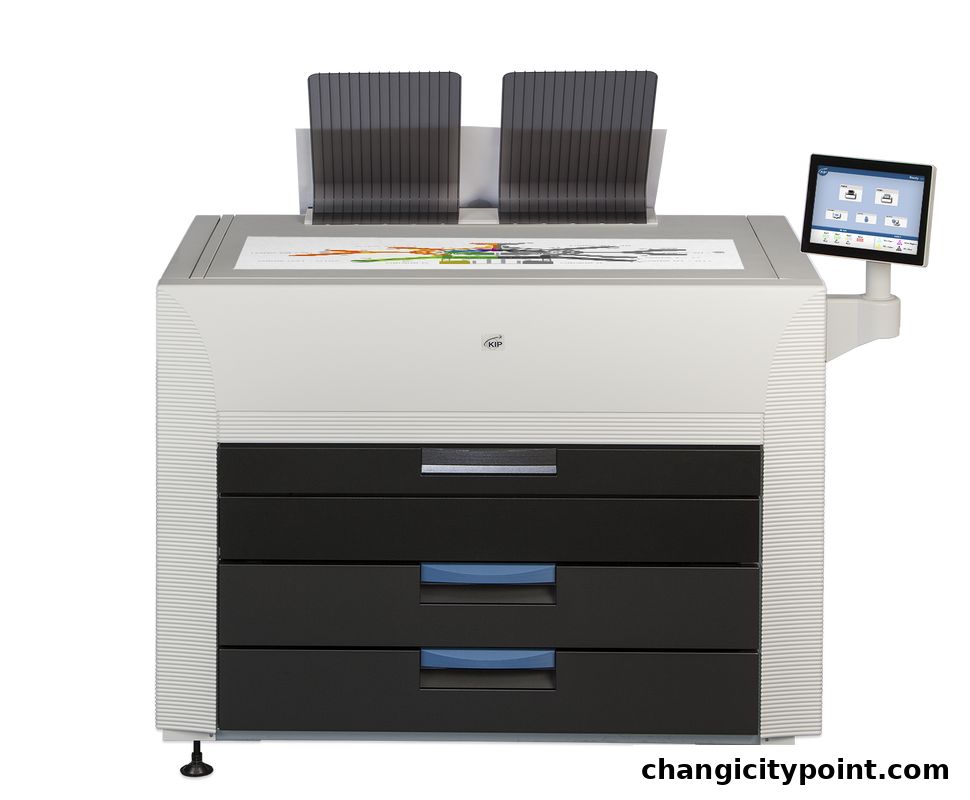 A large, modern printer and copier machine with a touchscreen interface.