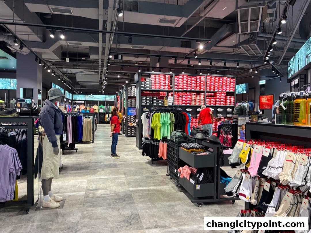 Interior view of a PUMA outlet store showcasing apparel, footwear, and accessories.