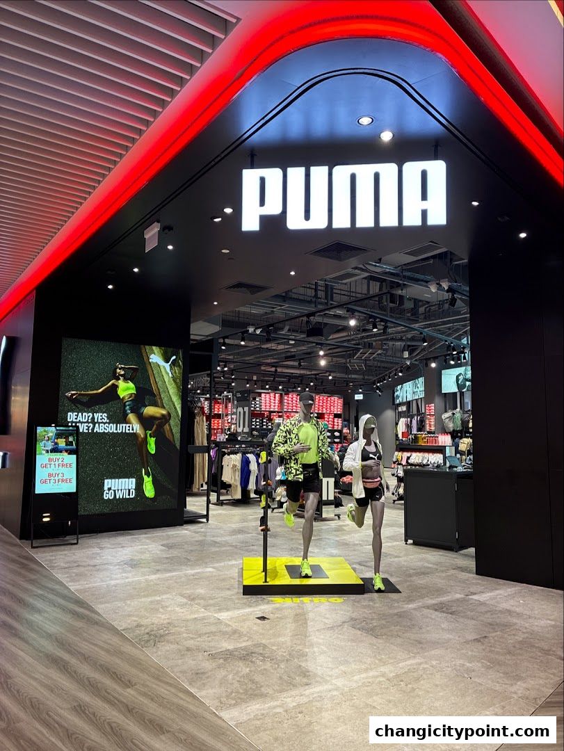 The entrance of a PUMA outlet store with mannequins and promotional displays.