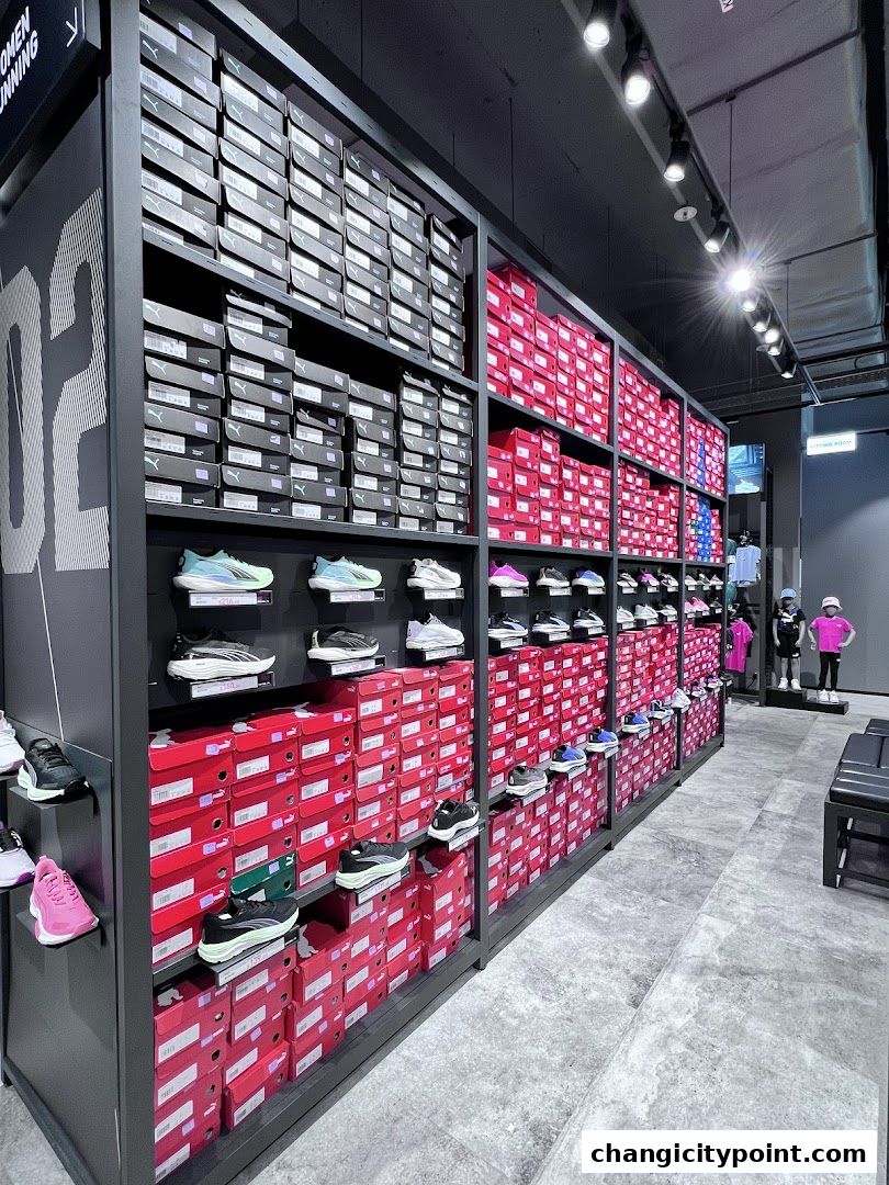 Rows of shoe boxes and displayed sneakers in a PUMA outlet store.
