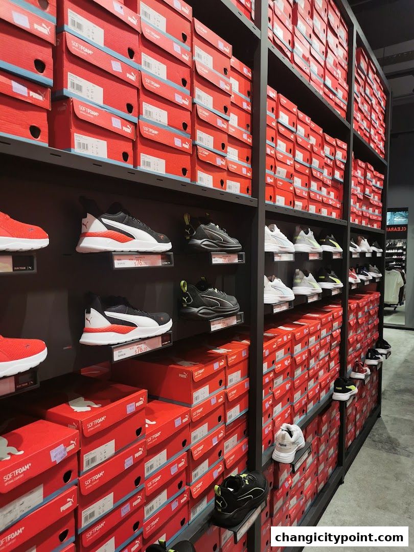 Rows of red Puma shoe boxes stacked high on shelves, with various Puma sneakers displayed.