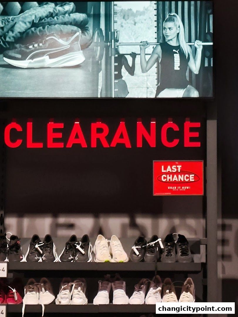 Puma outlet with clearance sale featuring shoes and athletic wear.