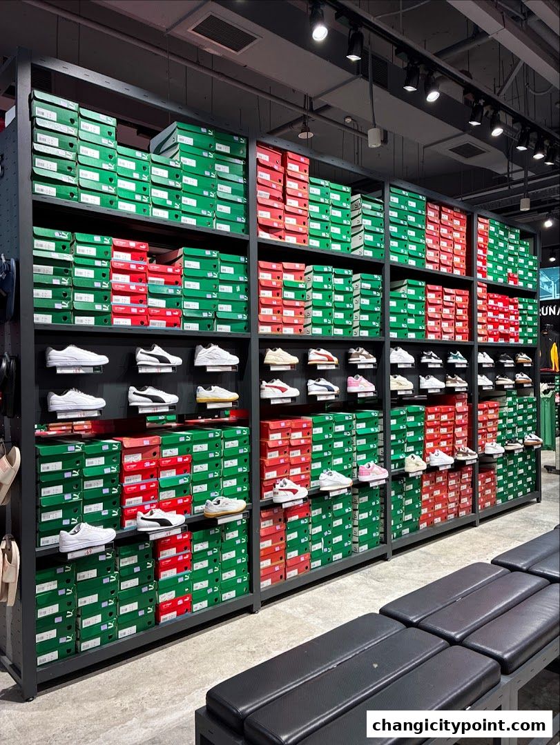 Puma outlet store interior with shelves full of shoe boxes and displayed shoes.