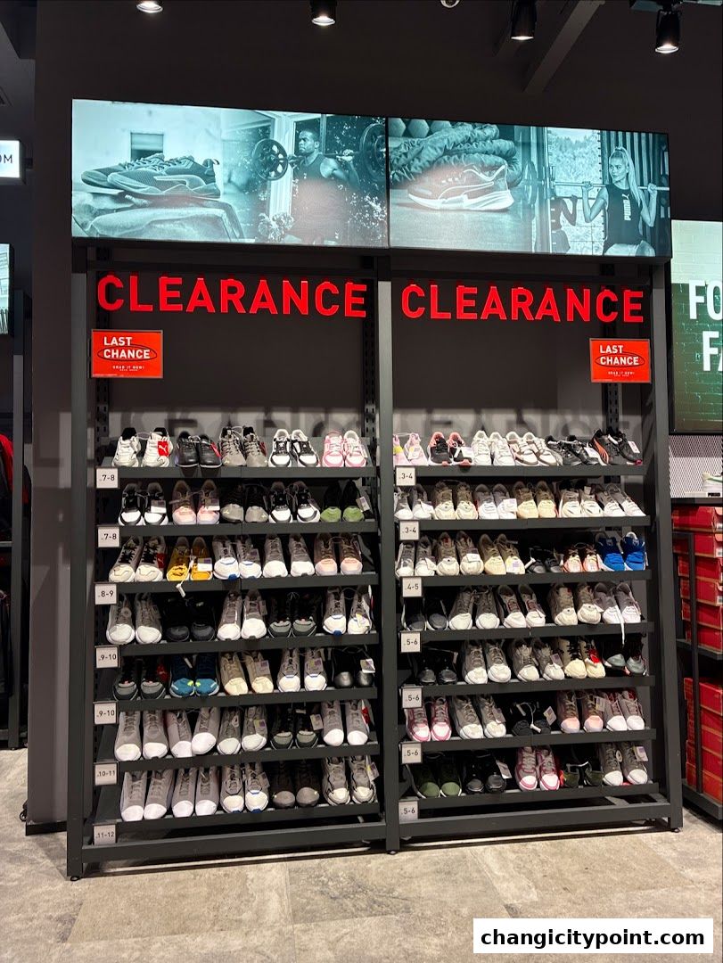 Puma Outlet clearance sale featuring shelves of athletic shoes organized by size.