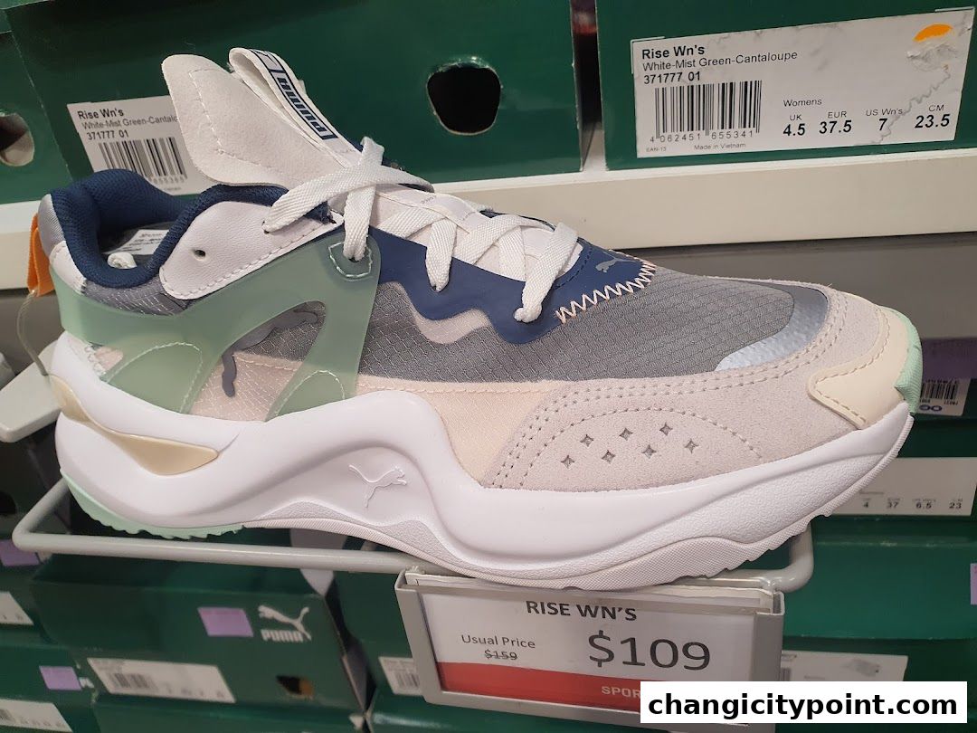 A close-up of a Puma Rise WN's sneaker with a price tag showing $109.