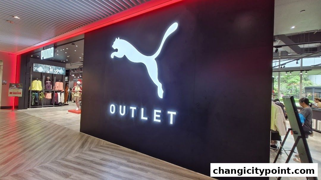 Puma Outlet store entrance with large illuminated logo and displayed apparel.