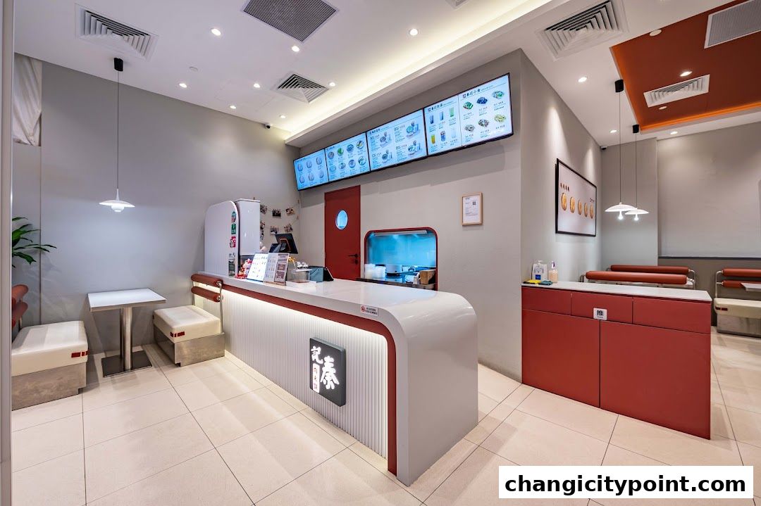 Interior view of a modern fast-food counter with digital menus and seating.