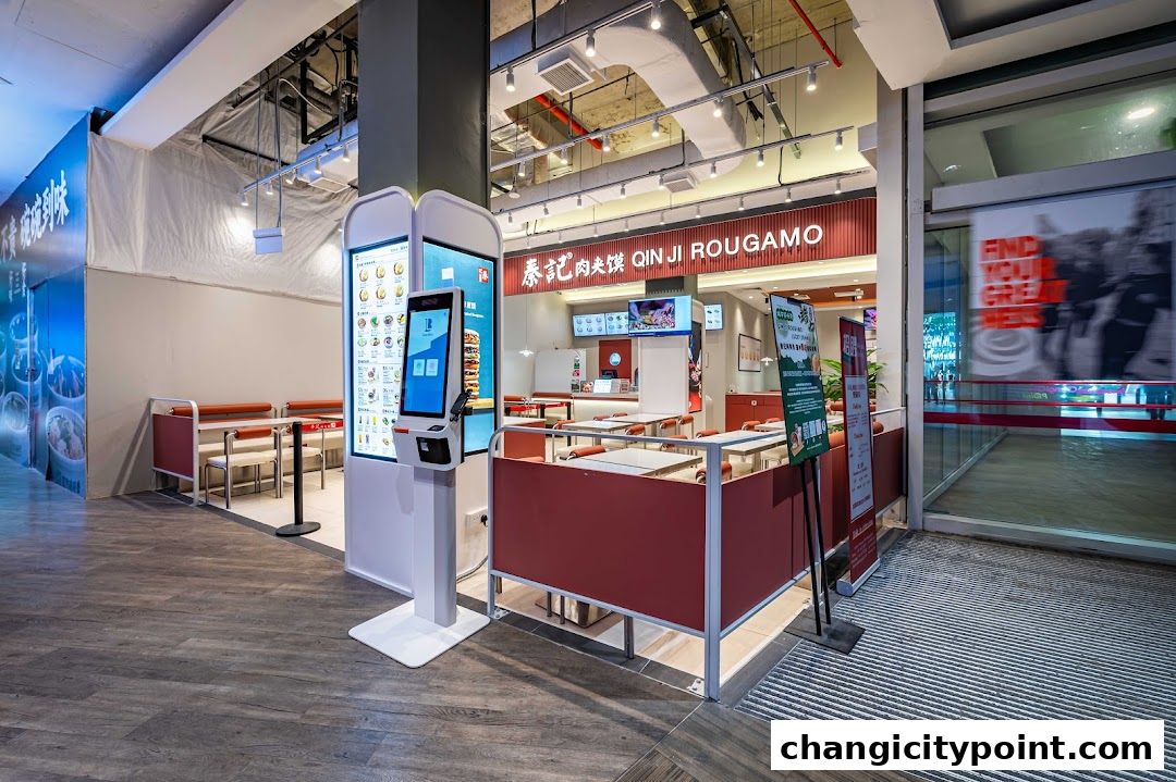Qin Ji Rougamo shop with digital menu kiosks and seating area.