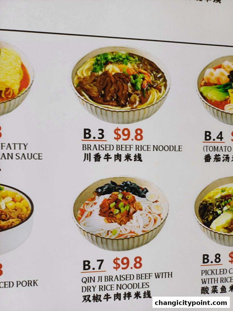 A menu showcasing various noodle dishes with appetizing images and prices.