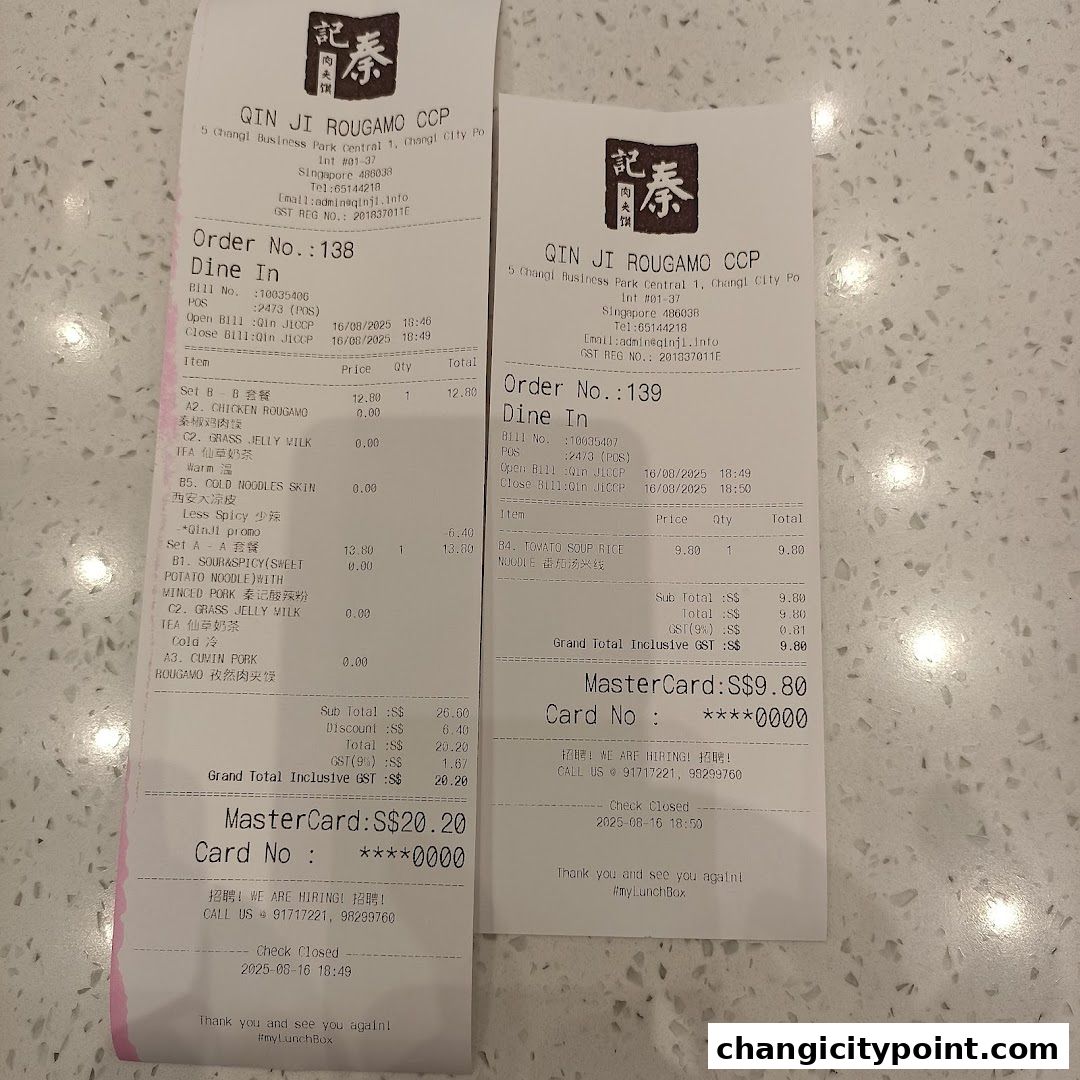 Two receipts from Qin Ji Rougamo CCP showing dine-in orders and payment details.