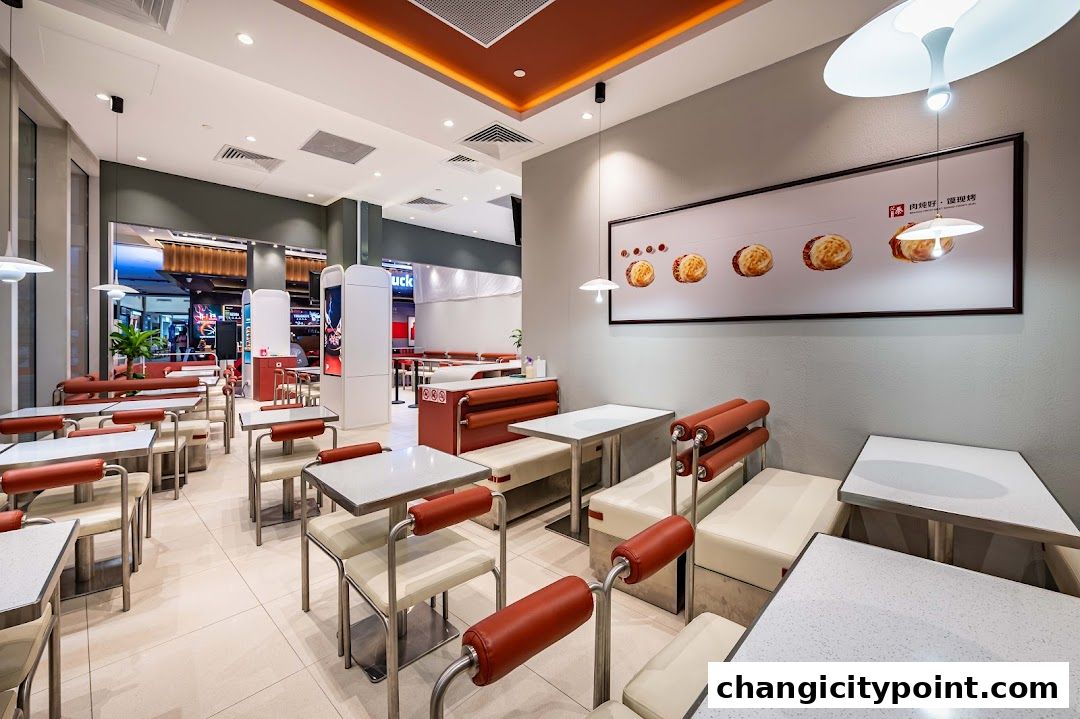Interior of a modern fast-food restaurant with red and white seating and a food display.