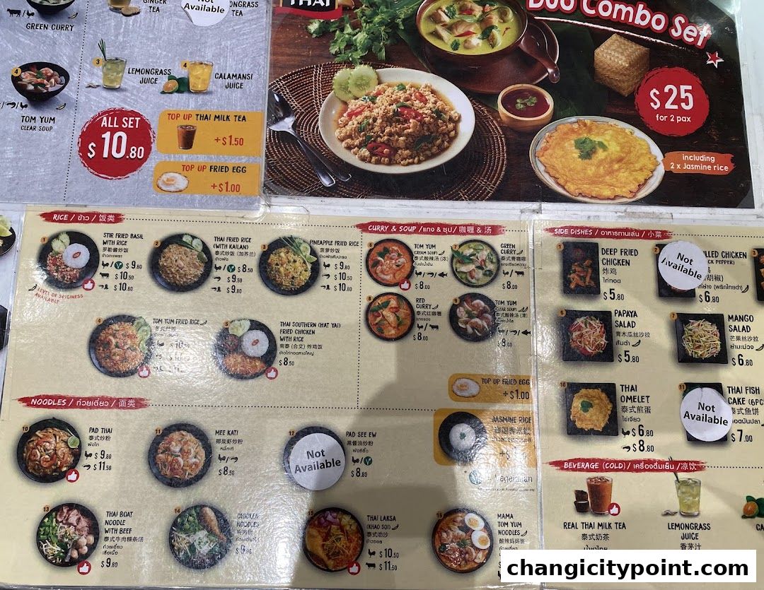 A menu for Real Thai restaurant featuring various Thai dishes, drinks, and combo sets.