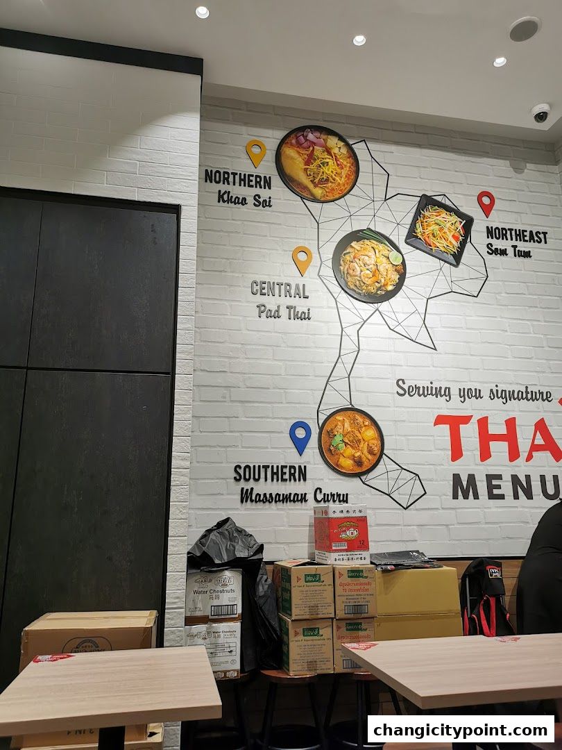 Interior view of Real Thai restaurant with a map of Thailand showcasing signature dishes.