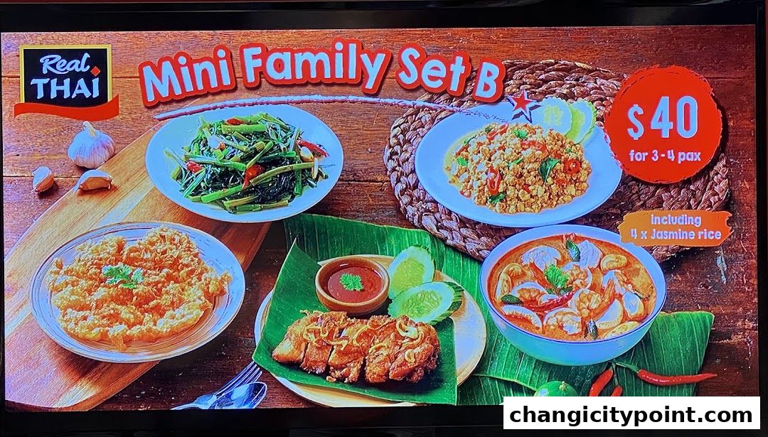 A display of Real Thai's Mini Family Set B, featuring various dishes and price information.