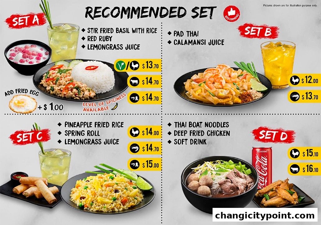A menu showcasing four recommended Thai food sets with prices and descriptions.