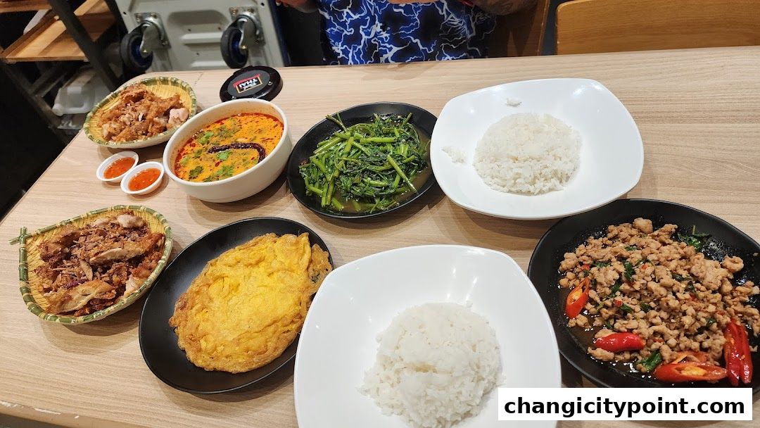 A table laden with various Thai dishes, including rice, stir-fried vegetables, and fried chicken.