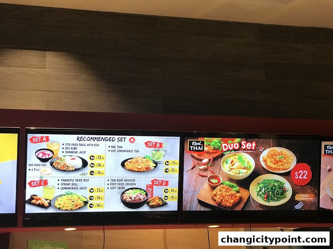 Digital menu displays recommended Thai food sets and a duo set.