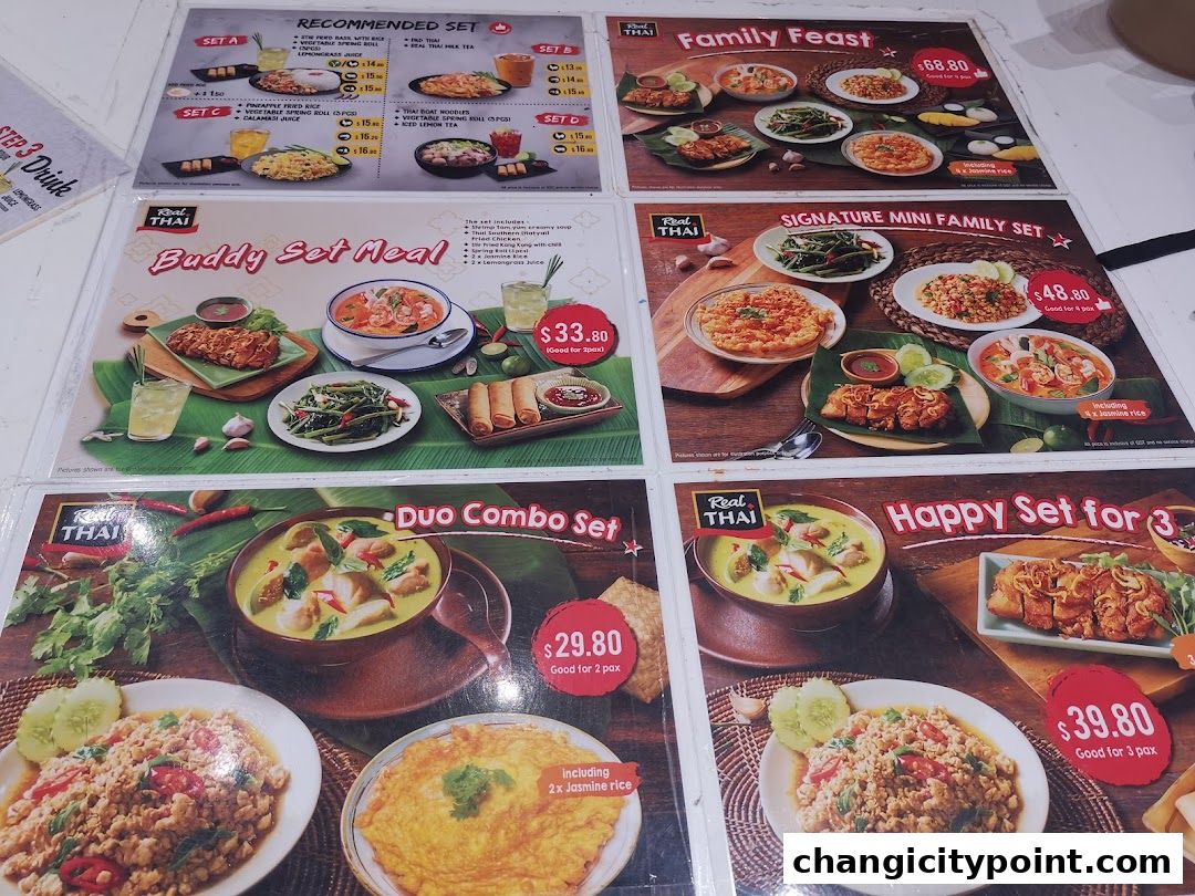 A menu display featuring various Thai set meals and combo options.