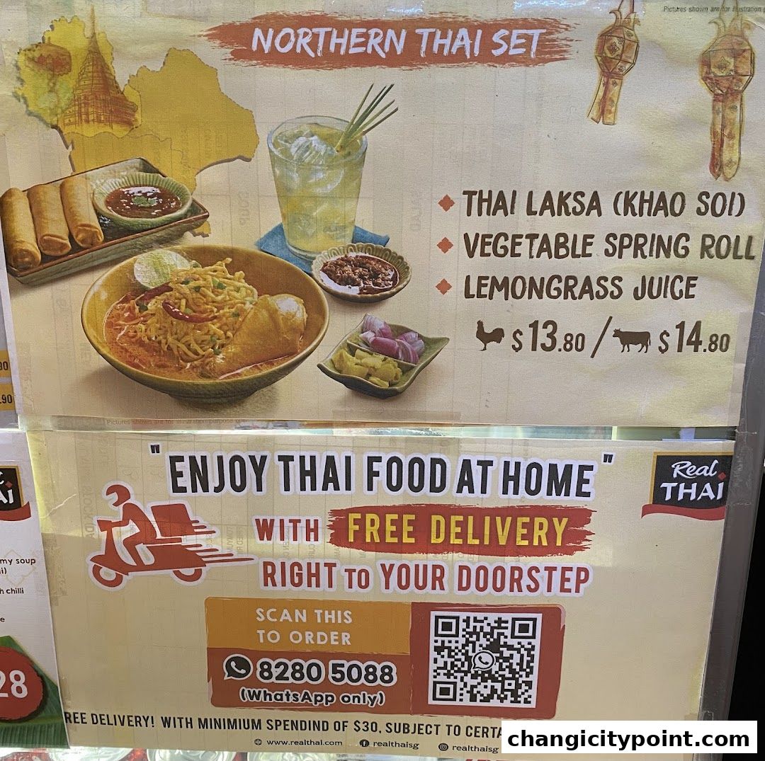 A menu board for Real Thai featuring a Northern Thai Set with food and drink options.