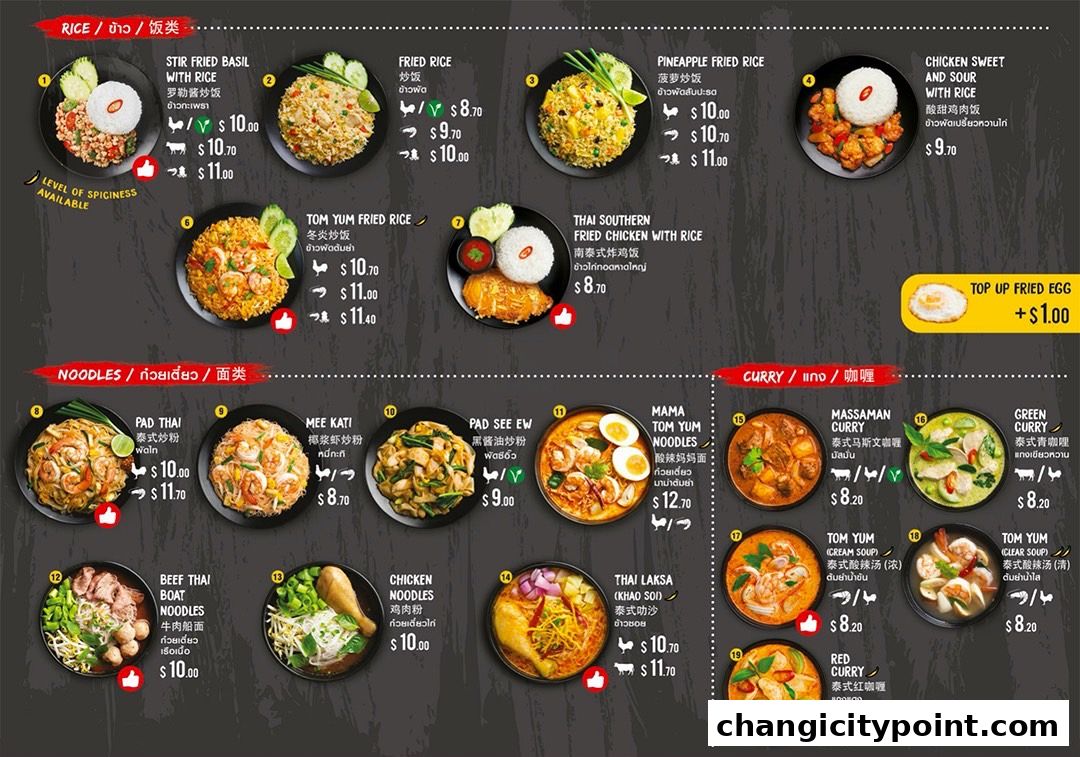 A menu showcasing various Thai dishes including rice, noodles, and curries with prices.