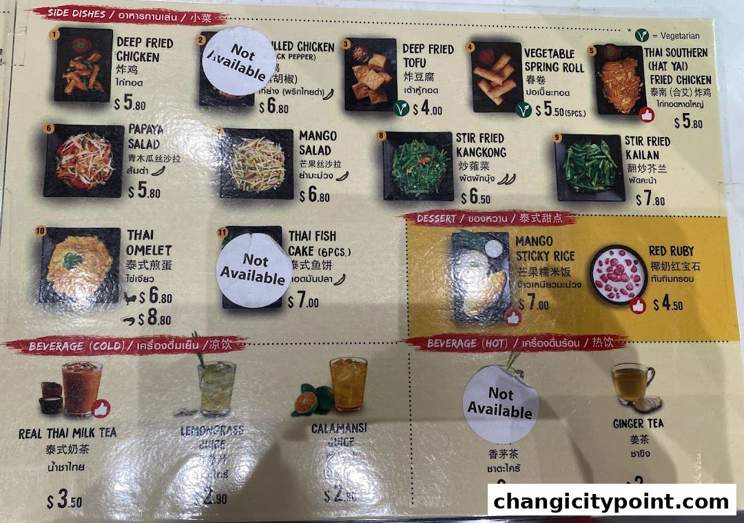 A menu for Real Thai restaurant featuring side dishes, desserts, and beverages with prices.
