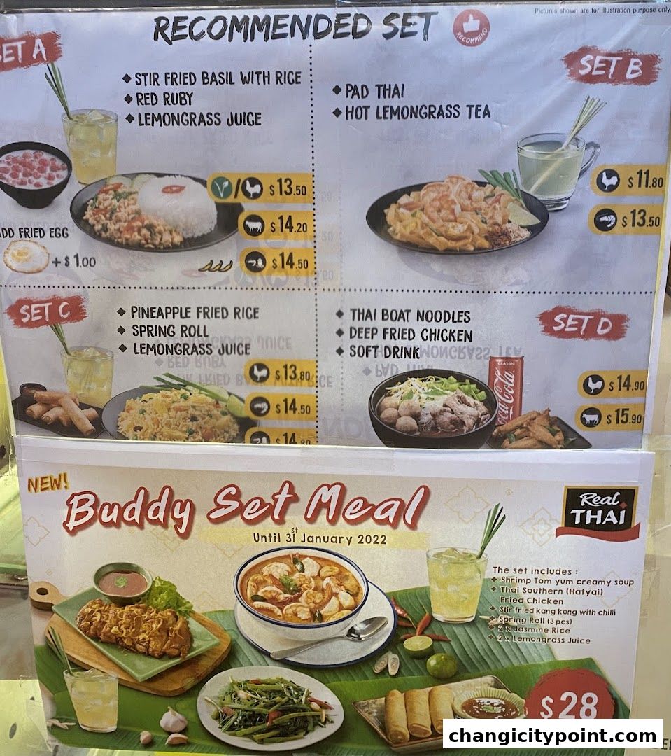 A menu board displaying recommended Thai food sets and a special Buddy Set Meal.