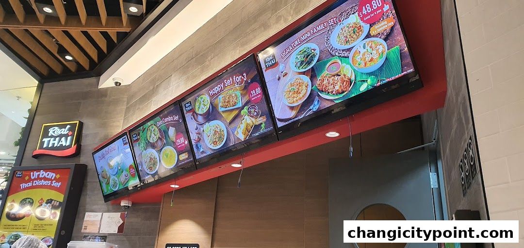 Digital menu boards displaying Thai food sets and prices at Real Thai.