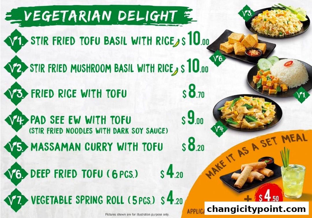 A menu for Real Thai's vegetarian delights, featuring various tofu and rice dishes.