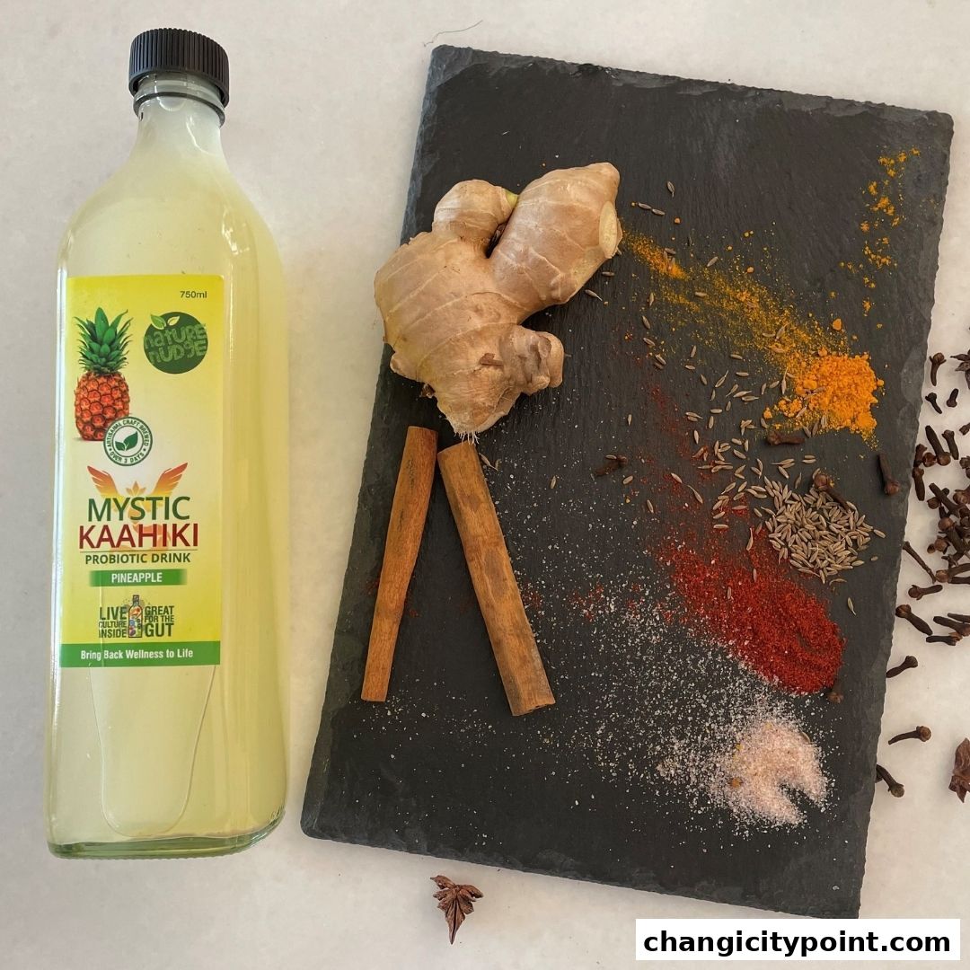 A bottle of Mystic Kaahiki Pineapple Probiotic Drink with ginger and spices.