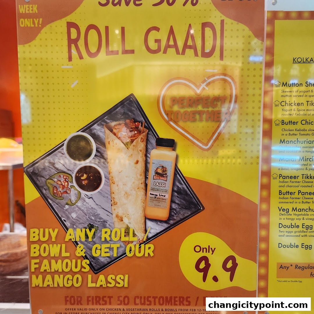 A promotional poster for RollGaadi, featuring a roll, lassi, and menu items.