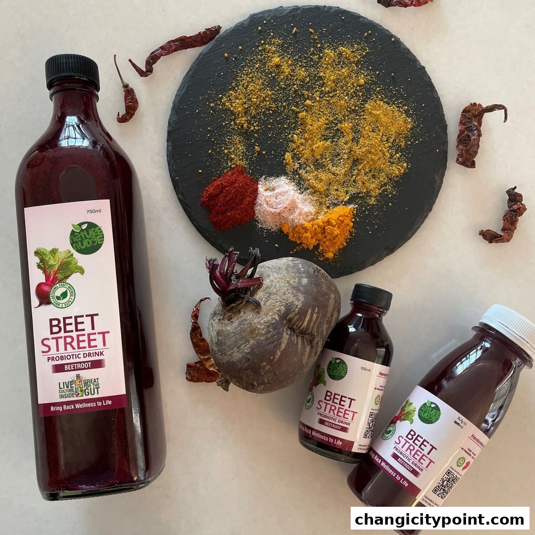Bottles of Beet Street probiotic drink with beetroot and spices.