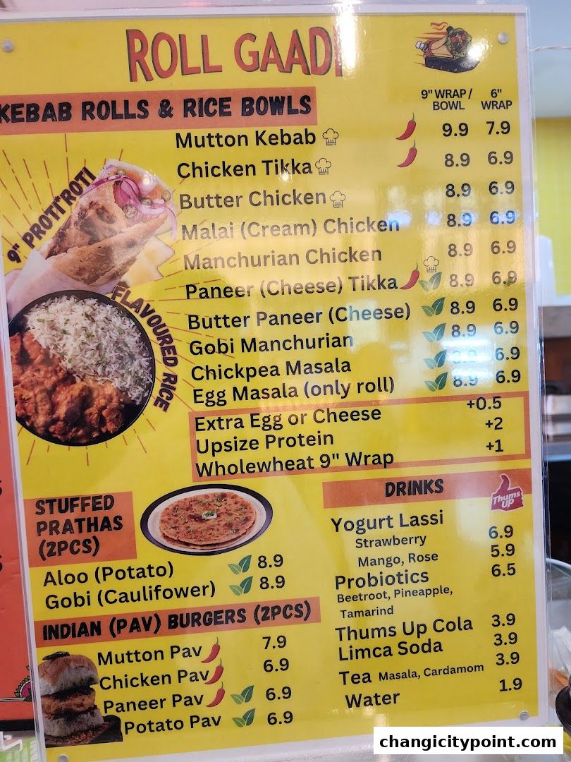 A menu board for RollGaadi, featuring Kebab Rolls, Rice Bowls, Stuffed Prathas, Indian Burgers, and Drinks.