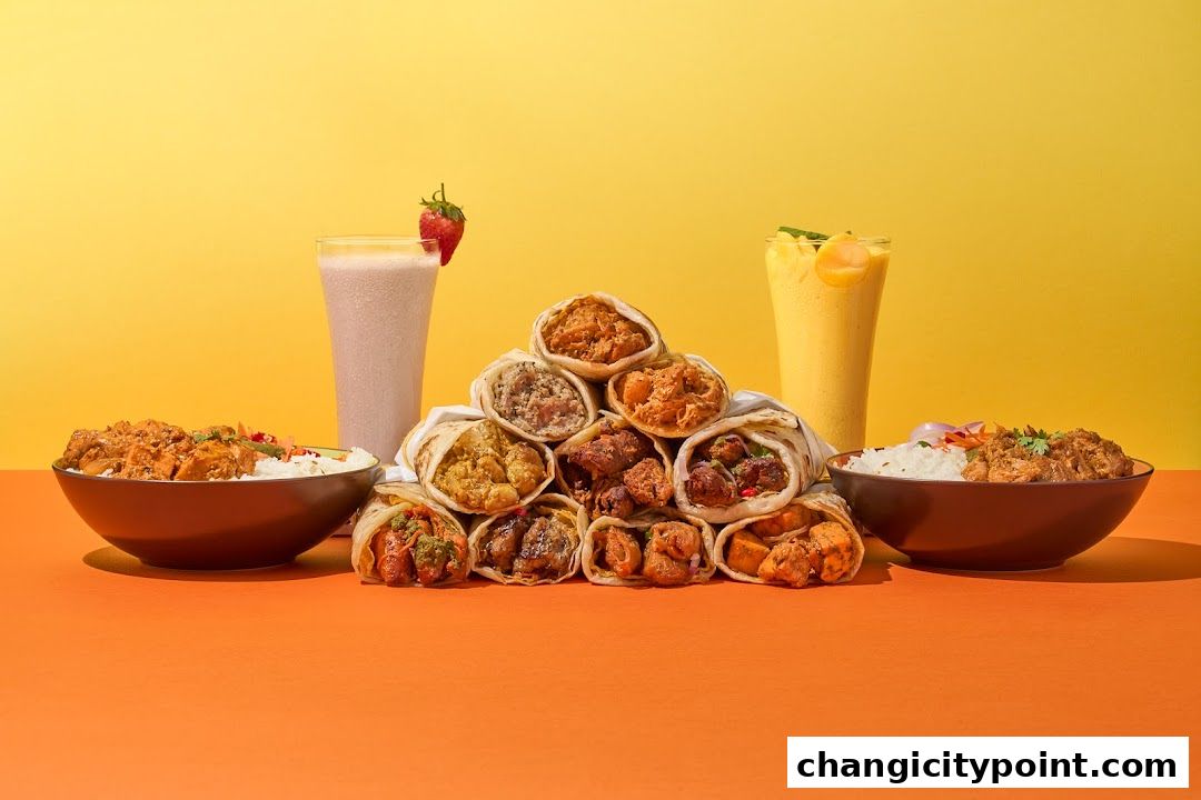 A vibrant display of delicious wraps, rice bowls, and refreshing drinks from RollGaadi.