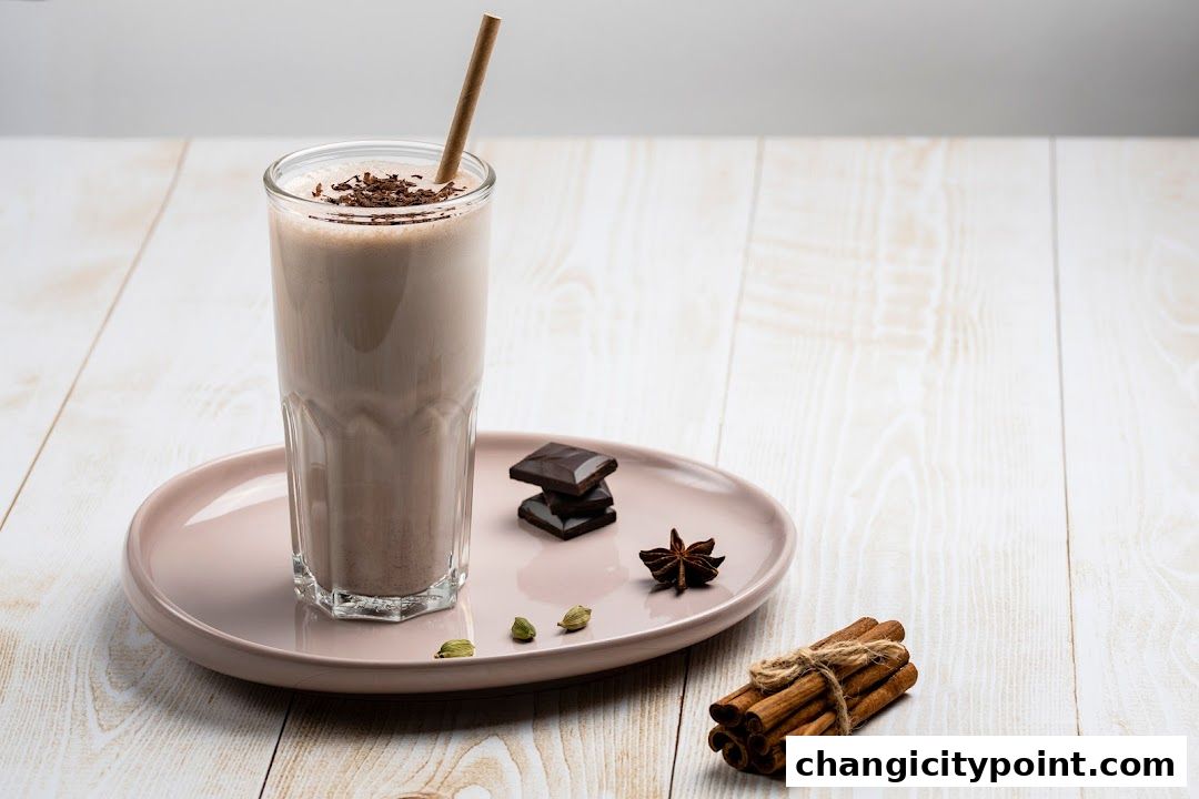 A chocolate milkshake with chocolate shavings, cinnamon sticks, and star anise on a pink plate.