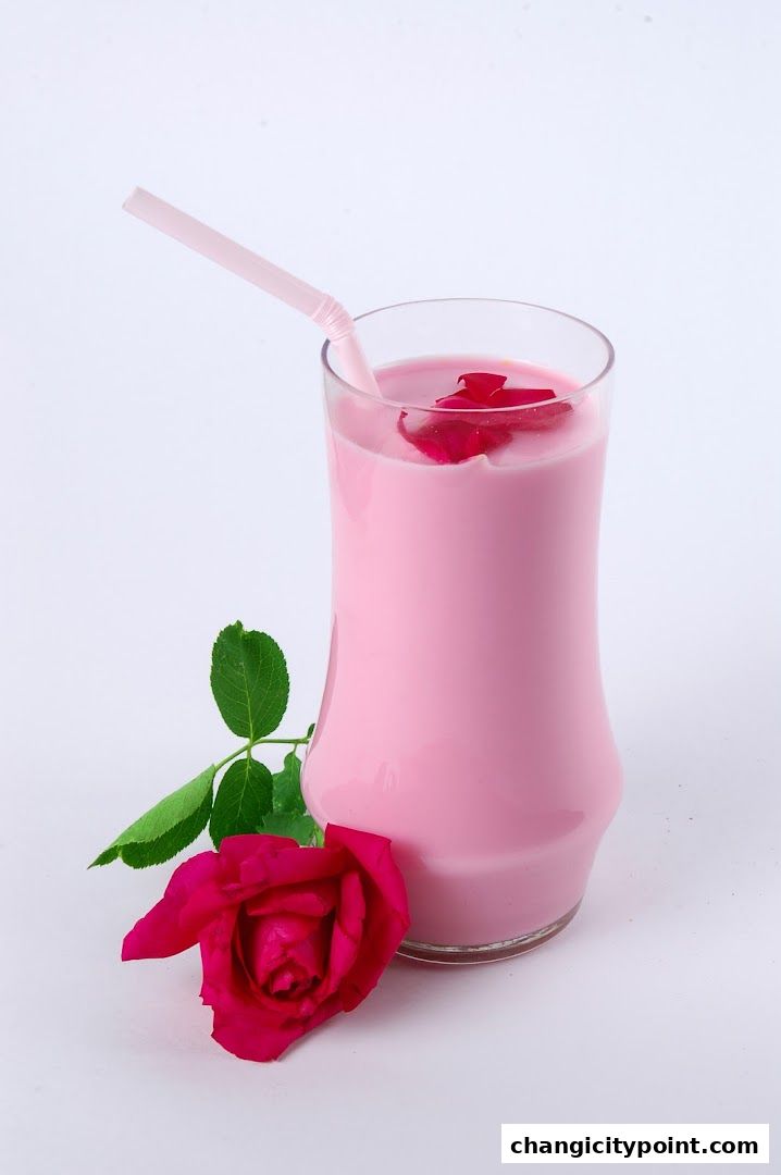 A refreshing pink beverage with rose petals and a rose flower.