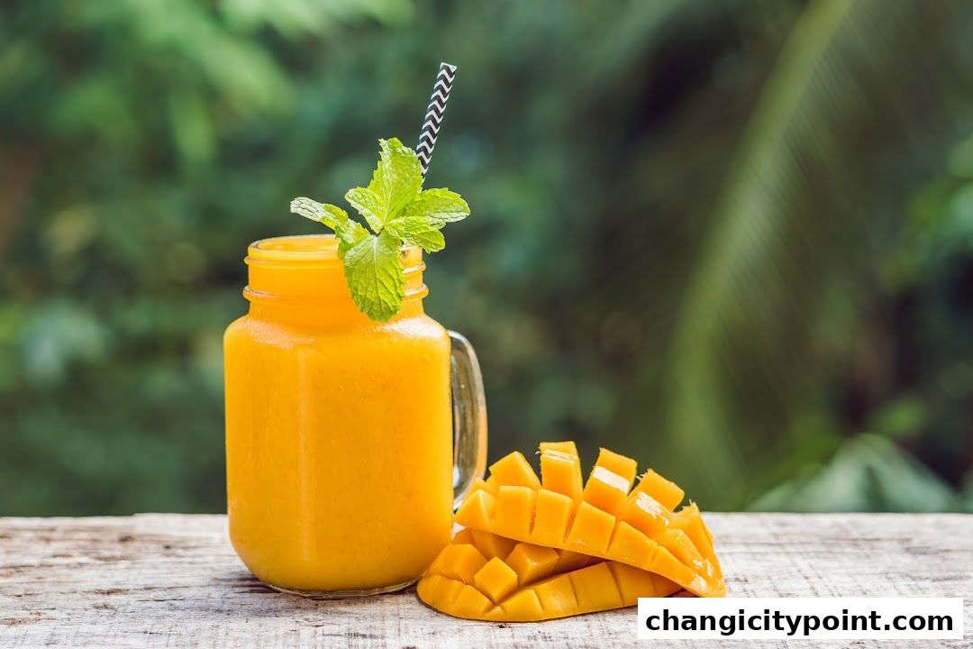 A refreshing mango smoothie in a mason jar with fresh mango slices and mint.