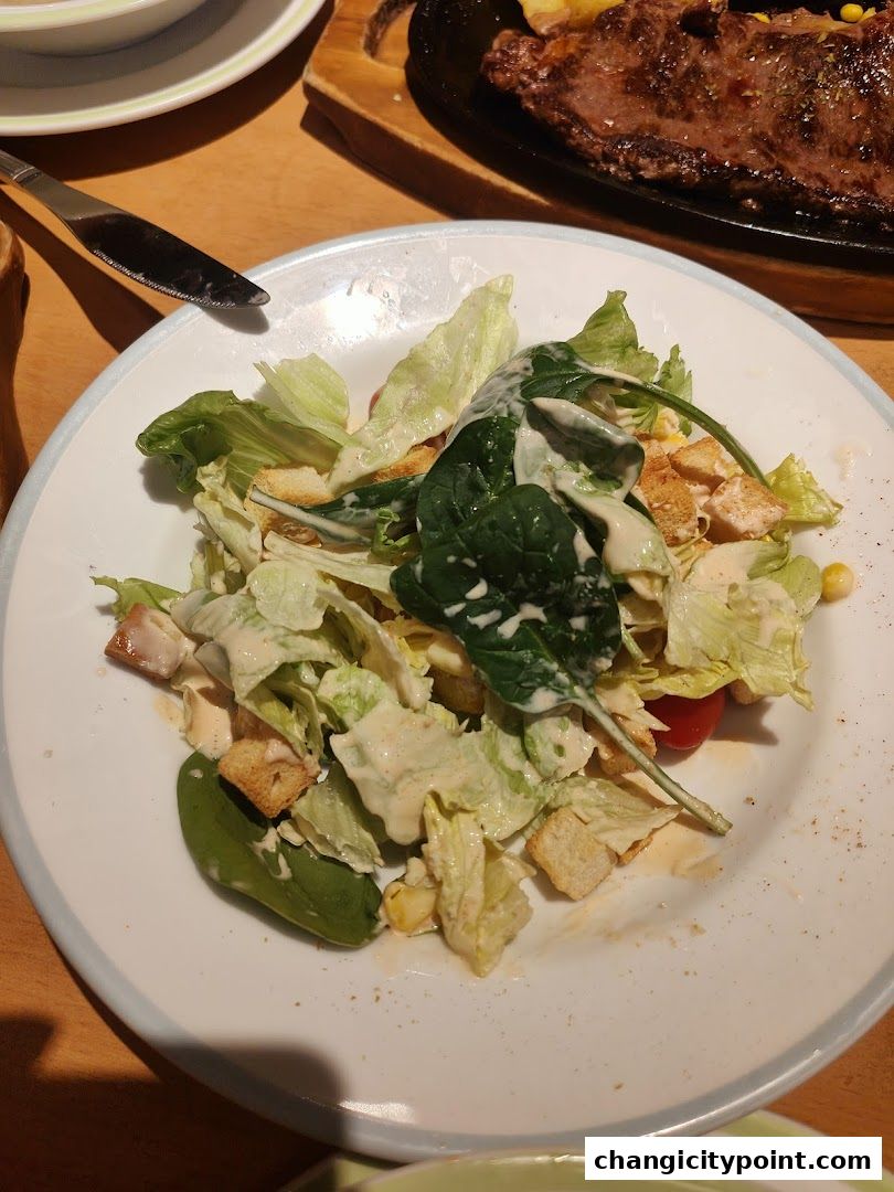 A close-up of a fresh salad with croutons, lettuce, and dressing, with a steak in the background.