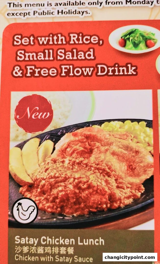 A menu item featuring Satay Chicken Lunch with rice, salad, and free flow drink.