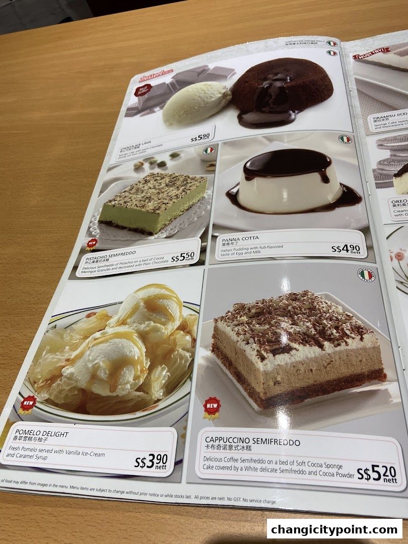 A menu page showcasing various desserts from Saizeriya, including lava cake and panna cotta.