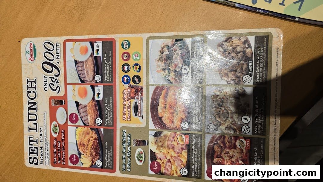 A menu from Saizeriya featuring set lunches with various meal options and drinks.