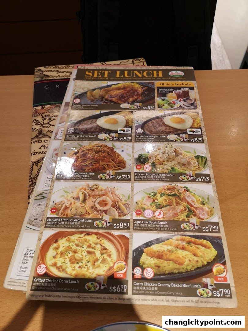 A menu featuring set lunches with various pasta, rice, and meat dishes.