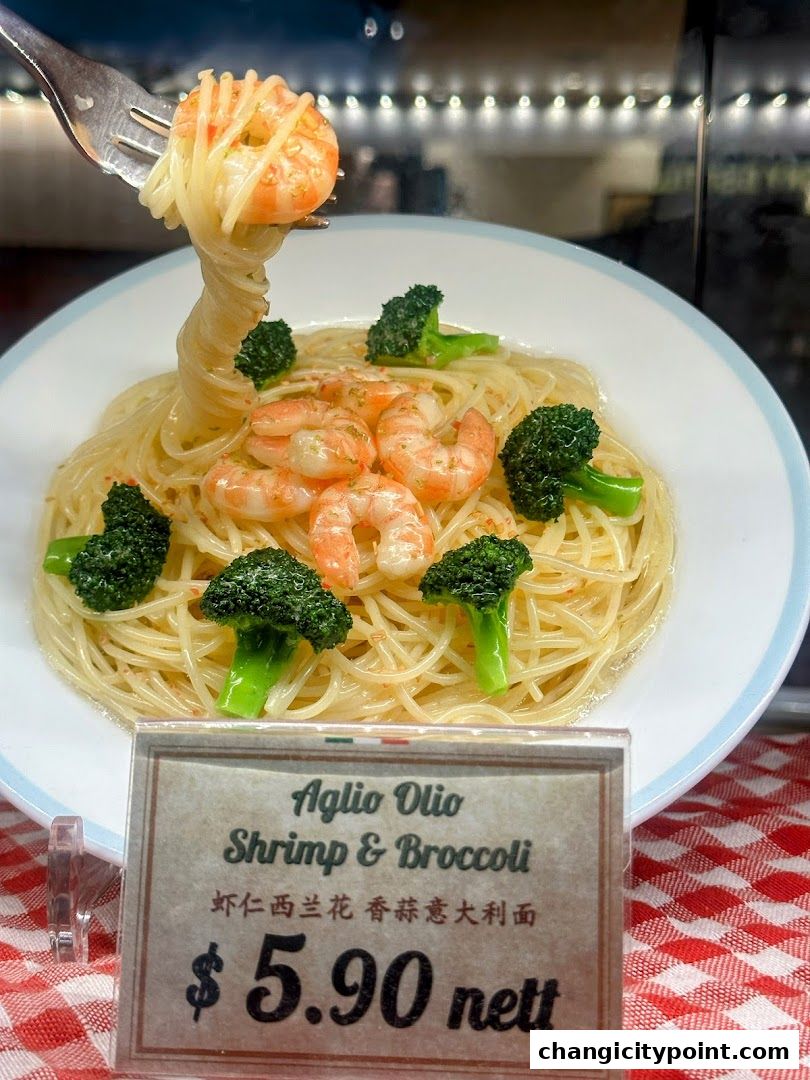 A realistic food display of Aglio Olio Shrimp & Broccoli pasta with a price tag.